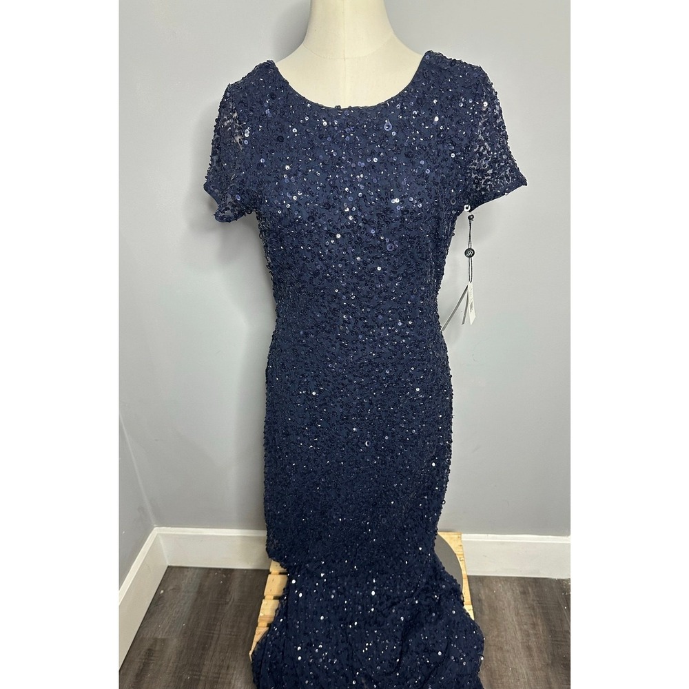 Adrianna Papell Navy Sequin Scoop Back Gown Short Sleeve Dress 10 NEW 091874600